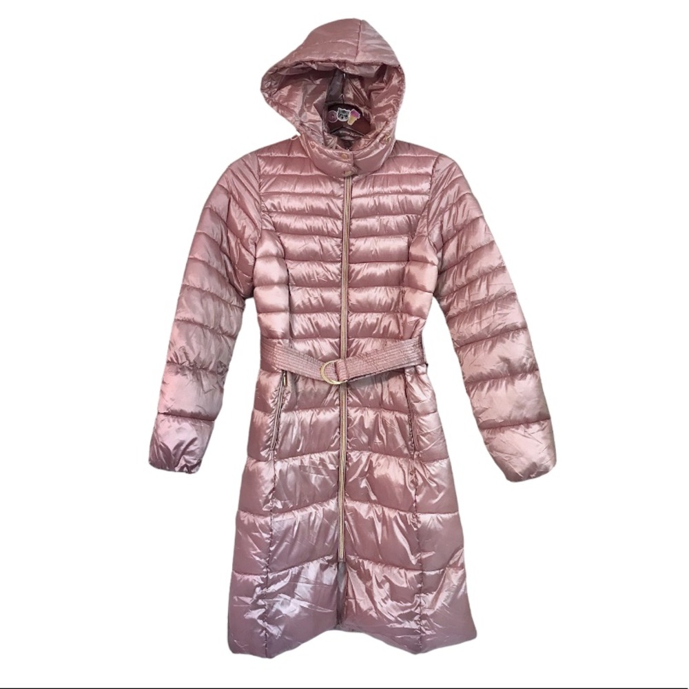 Cole Haan Signature pink metallic puffer jacket vegan “down” filled belted coat